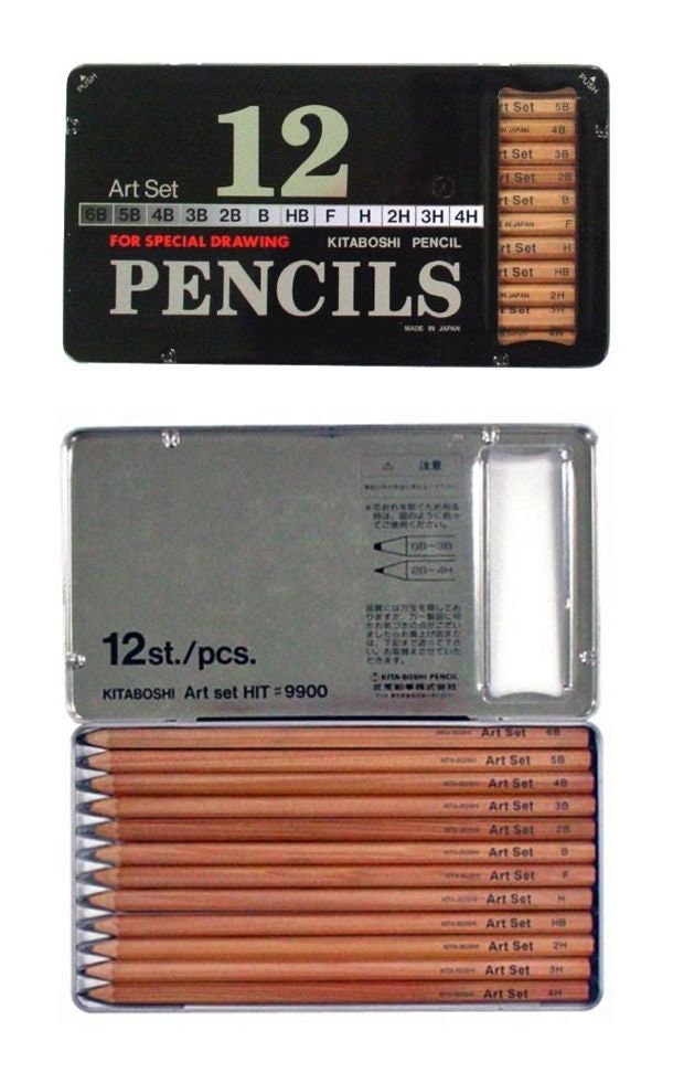 KITABOSHI 9900 Art Set of 12 Pencils - 4H to 6B in a metal tin - Made in Japan