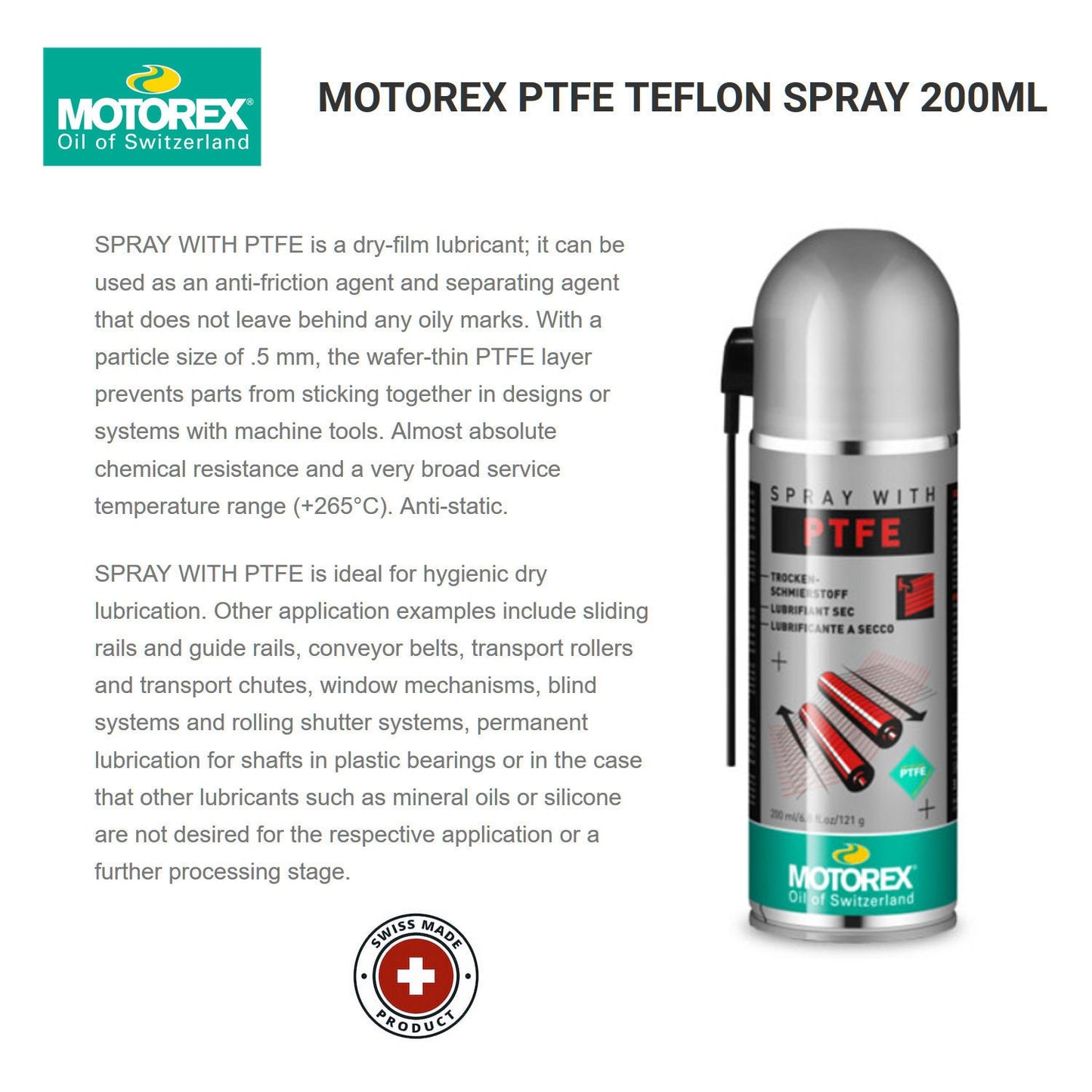 Motorex Teflon Spray with PTFE 200ml - Made in Switzerland - Dry lubricant used as an anti-friction agent and separating agent