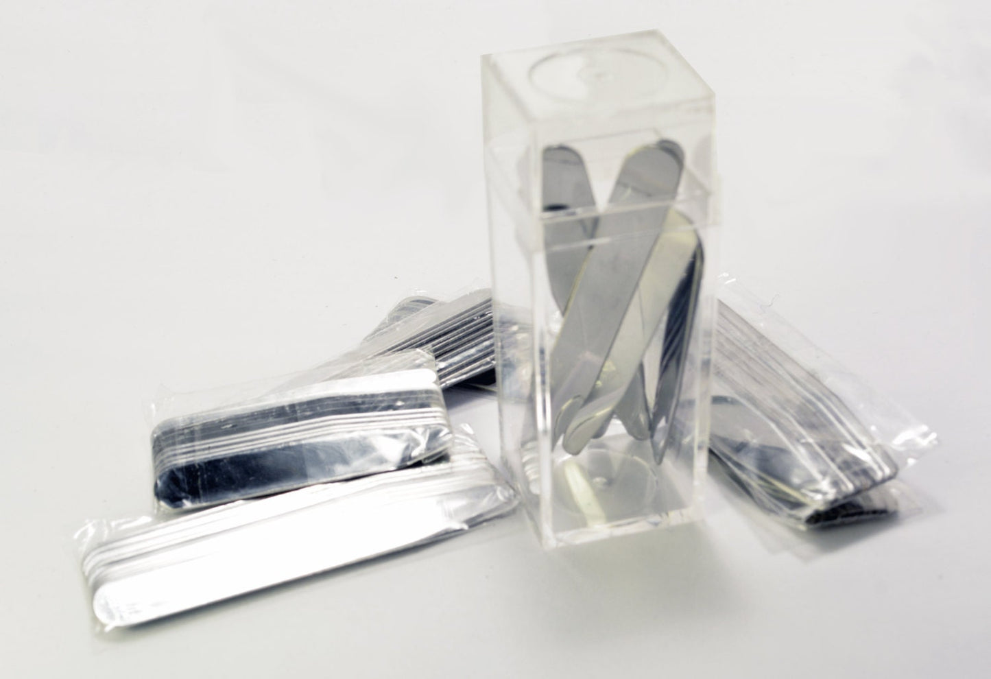 Set of 10 matte metal COLLAR STAYS / TIPS (20 pieces) - 5 sizes: 2 1/4", 2 1/2", 2 3/4, 3" long x 3/8" wide + add storage box