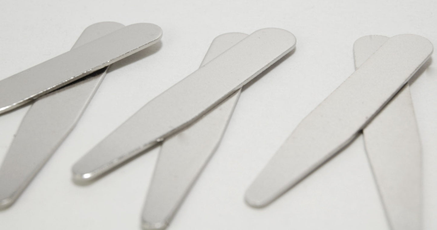 Set of 5 matte metal COLLAR STAYS / TIPS - 4 sizes: 2 1/4", 2 1/2", 2 3/4, 3" long x 3/8" (9mm) wide + add storage box