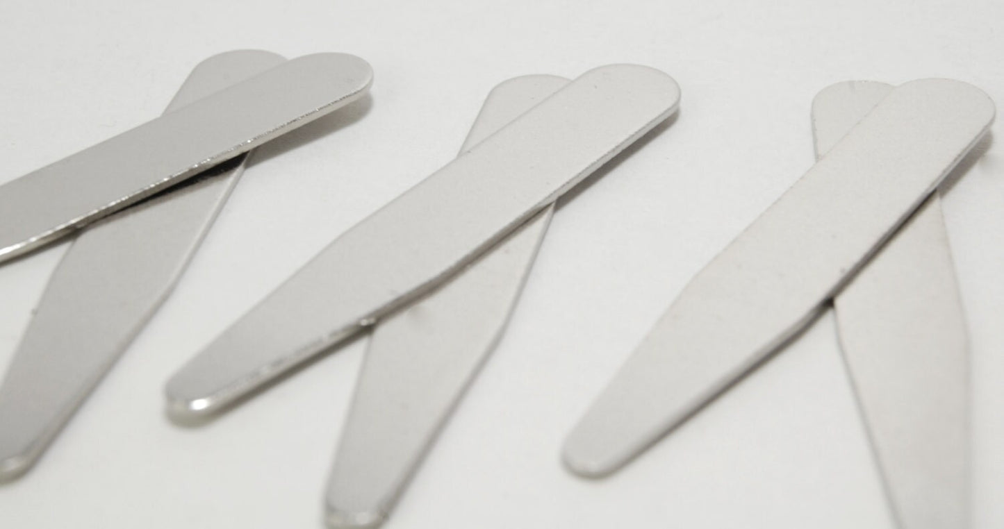 Set of 10 matte metal COLLAR STAYS / TIPS (20 pieces) - 5 sizes: 2 1/4", 2 1/2", 2 3/4, 3" long x 3/8" wide + add storage box