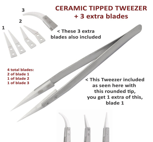 Ceramic Tipped Stainless Steel Tweezer + 3 extra tips, high heat, magnetic, electrical applications