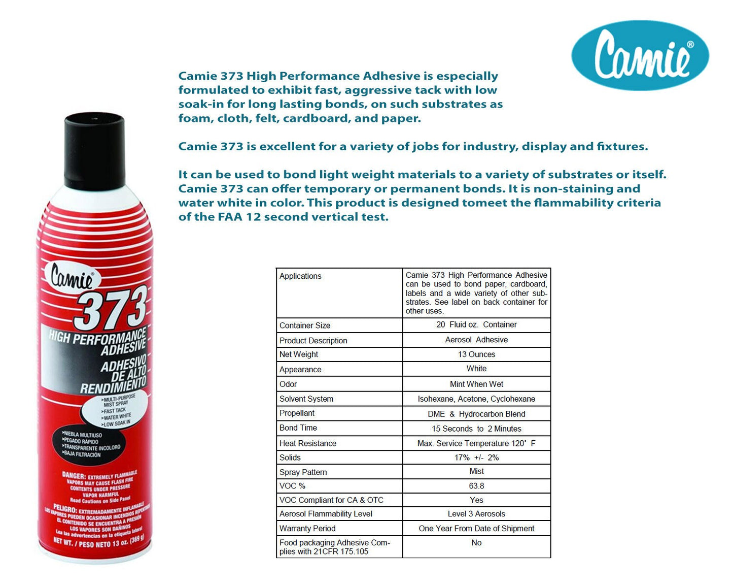 Camie 373 High Performance Adhesive - 13oz - Made in USA