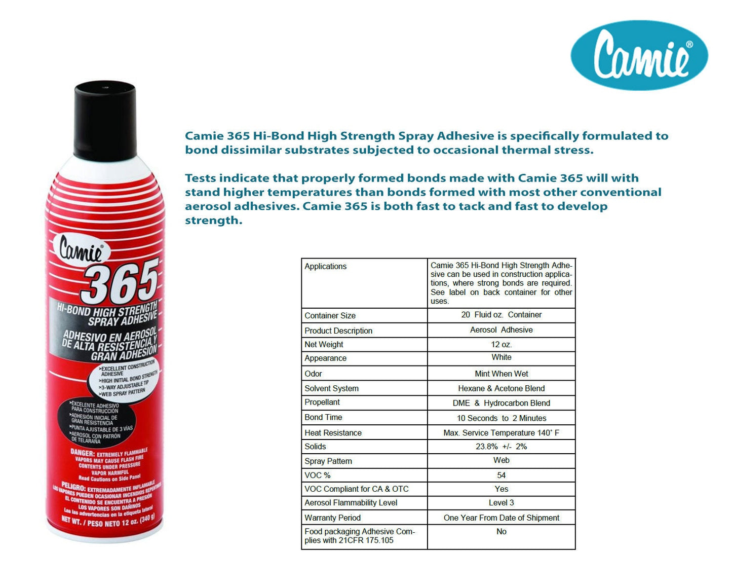 Camie 365 Hi-Bond High Strength Spray Adhesive - Made in USA