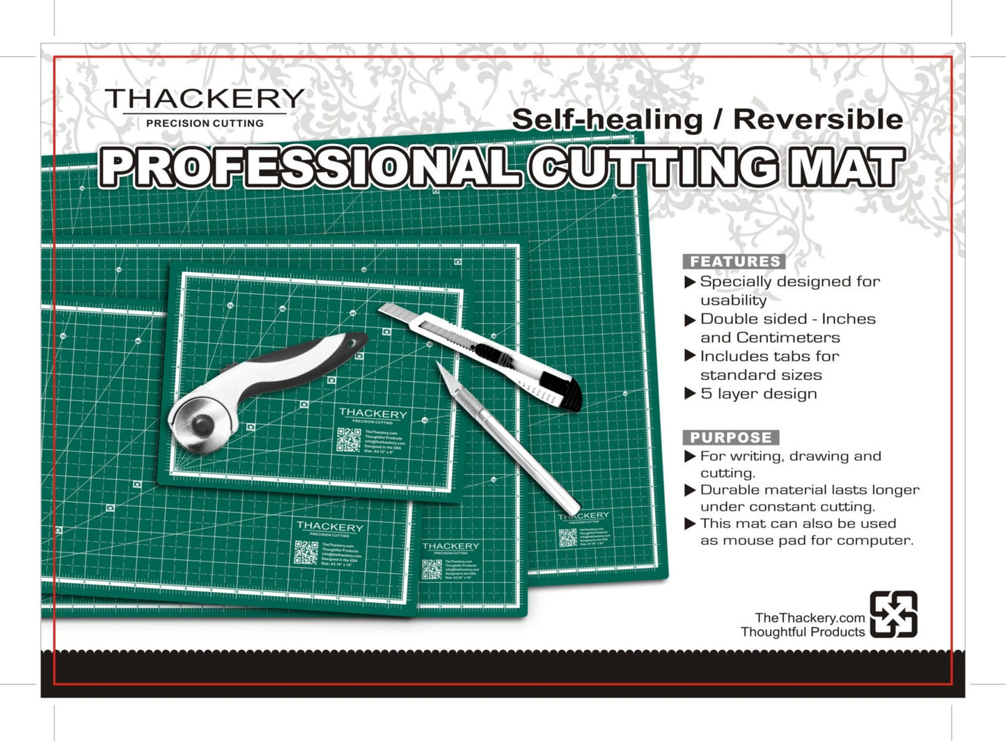 Size A2 - 18" x 24" Self-Healing CUTTING MAT - Reversible Inches and Centimeters - thoughtful design - 5 layer mat,  finest available