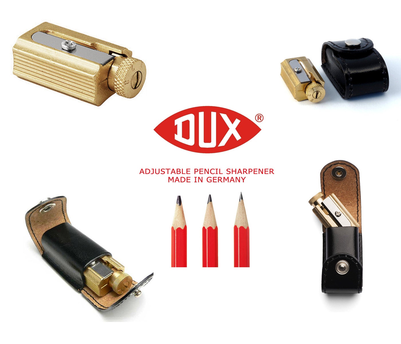 Legendary DUX Adjustable Pencil Sharpener - brass in a genuine leather case  - Made in Germany